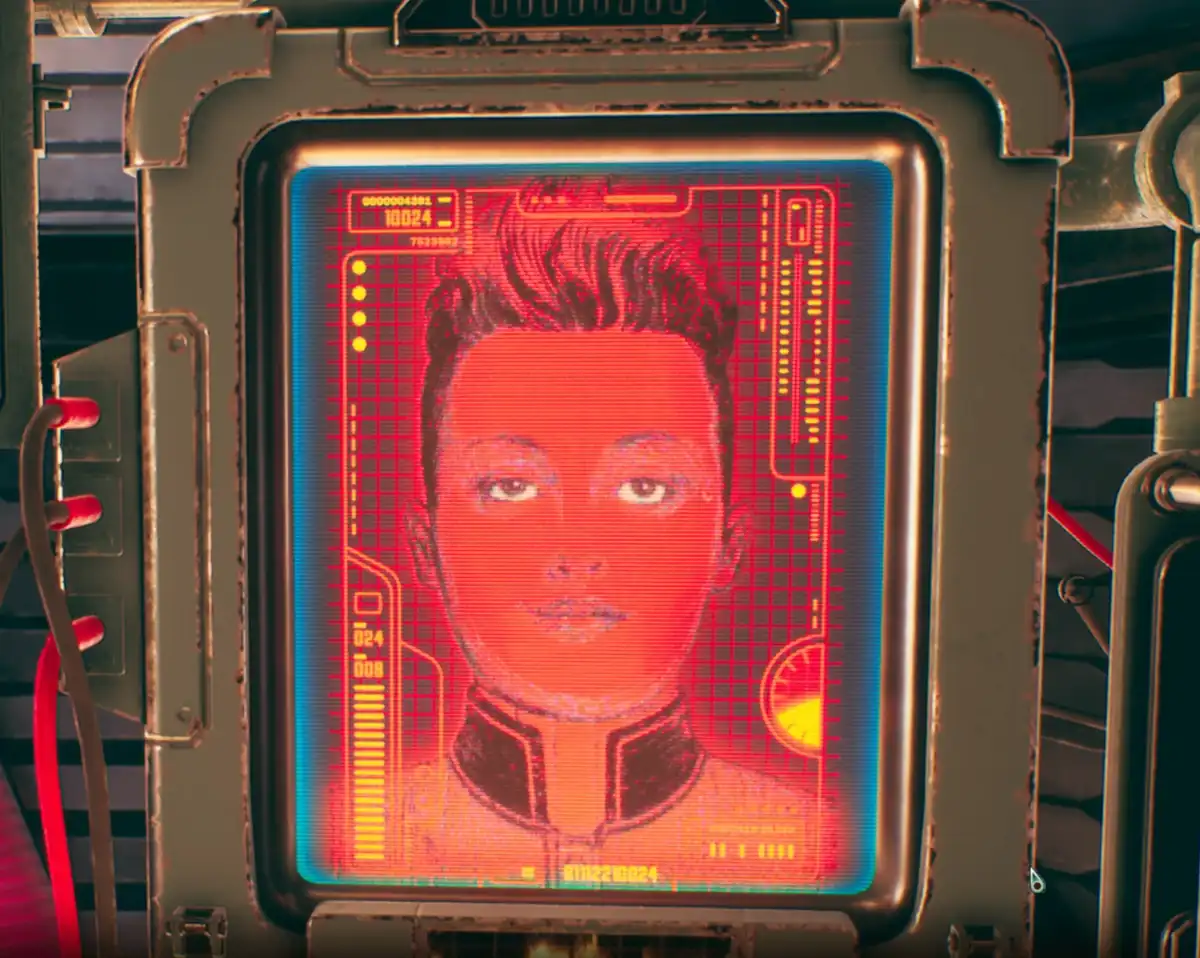 A close-up of a futuristic, weathered scanner screen displaying a pixelated, red-tinted thermal image of a person's face…
