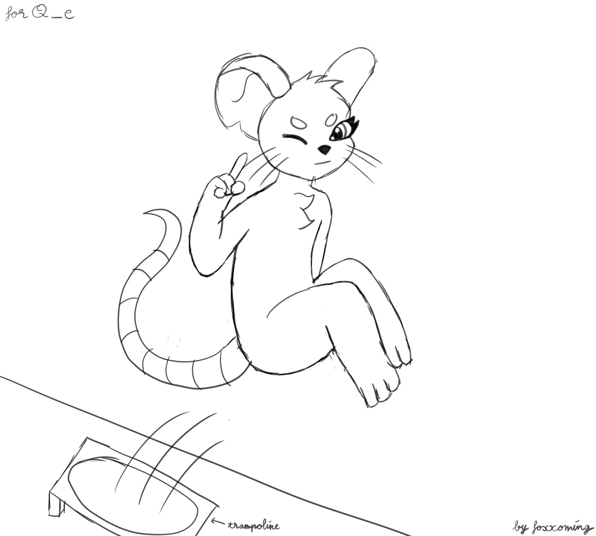 A black-and-white line drawing shows an anthropomorphic mouse sitting mid-air above a trampoline, winking and making a peace…