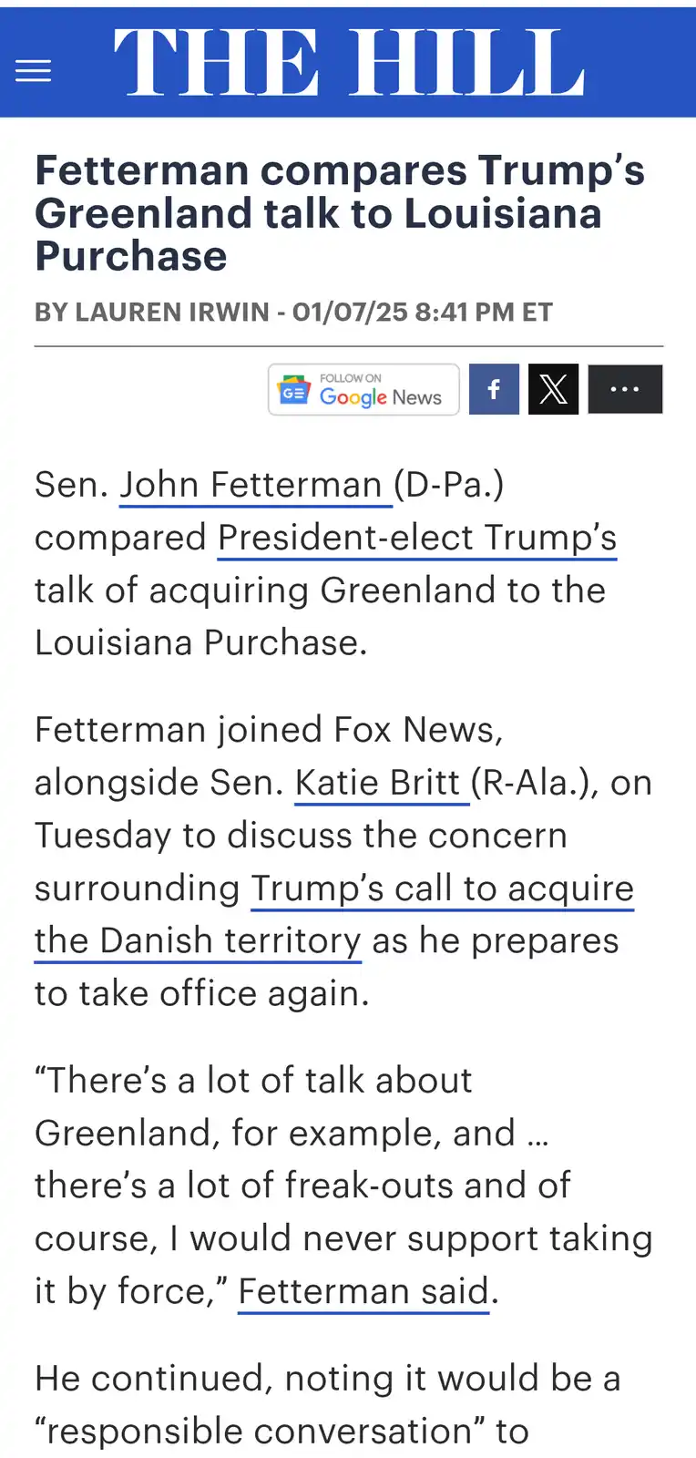 A screenshot of a The Hill news article dated January 7, 2025, discussing Senator John Fetterman's comparison of…