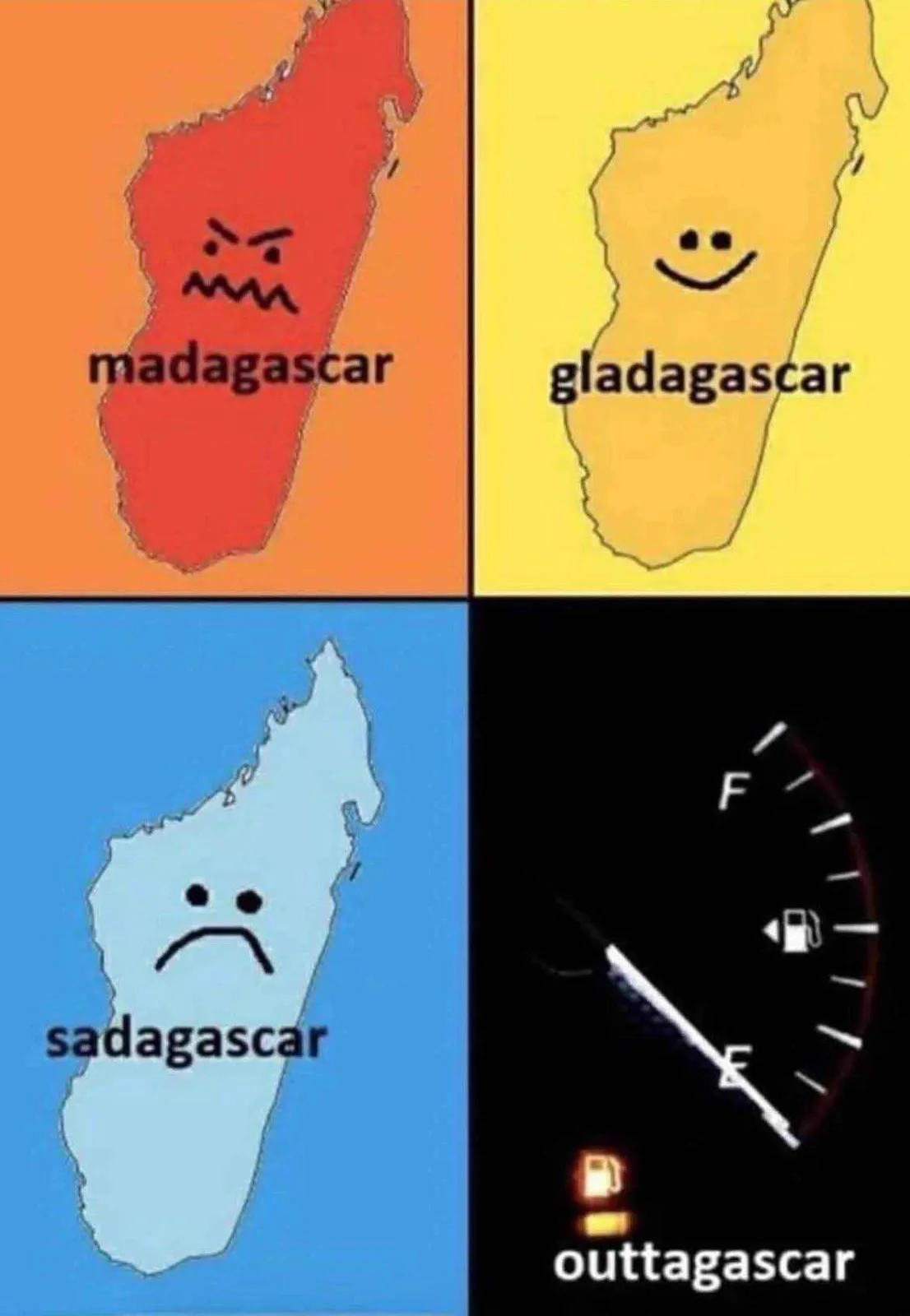 The image is a four-panel meme showing the island of Madagascar with different facial expressions and colors: angry red…