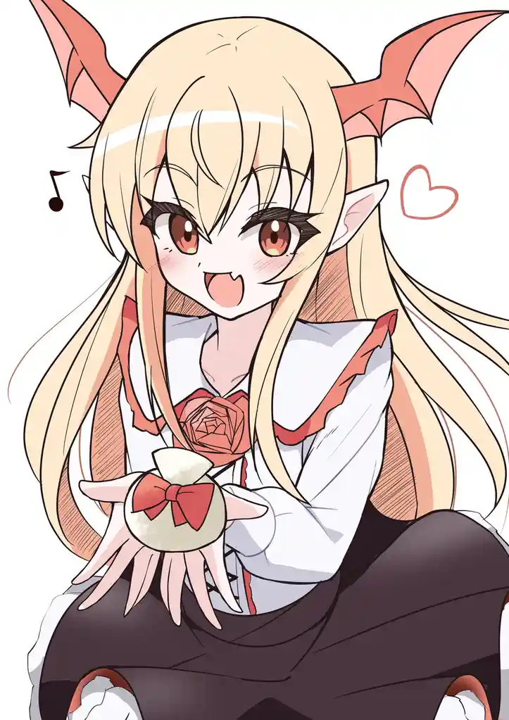 An anime-style illustration of a cheerful blonde girl with pink devil horns and pointed ears, wearing a white blouse with…