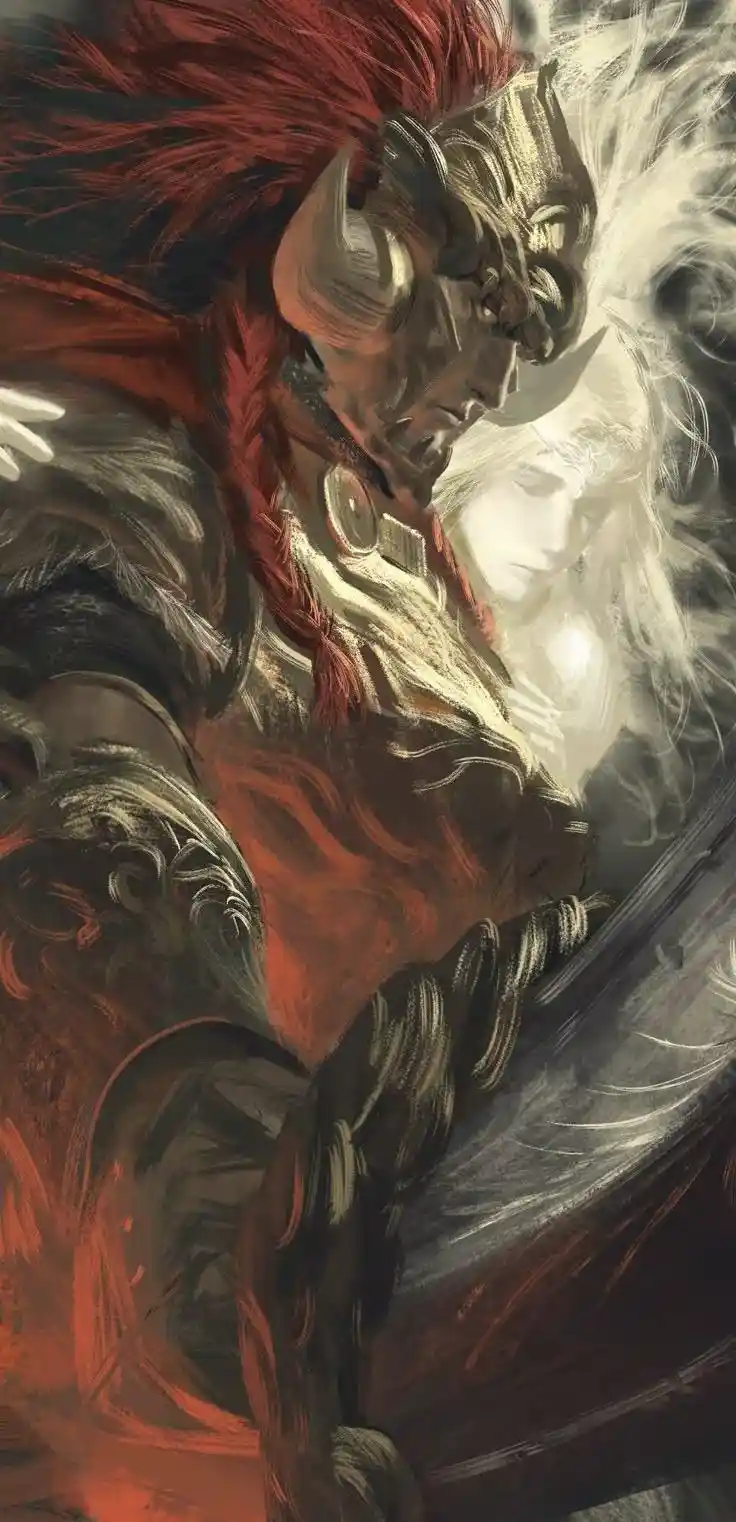 A dramatic fantasy illustration shows a muscular, horned warrior in ornate armor with red hair, looking down at a ghostly…