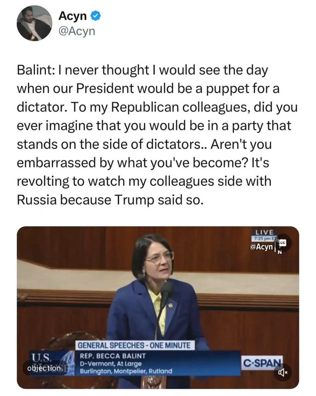 A screenshot of a C-SPAN broadcast shows Rep. Becca Balint speaking at a podium in a blue suit and glasses. The overlaid…