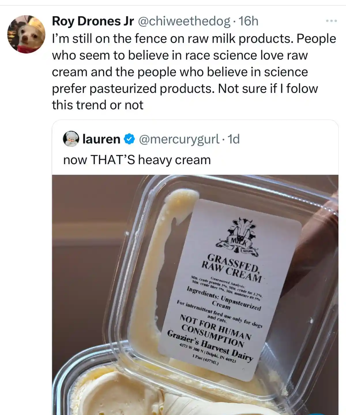 A close-up photo shows a clear plastic container of thick, creamy substance with a label that reads 'GRASSFED, RAW CREAM'…