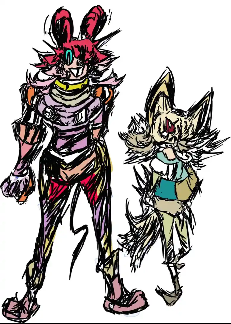 Two crudely drawn anthropomorphic characters stand side by side; the taller one has red spiky hair, a yellow collar, and a…