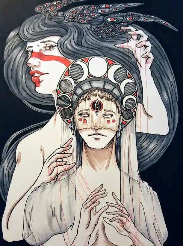 An illustration depicts a person with a third eye and ornate headpiece, being manipulated by a shadowy figure with red…