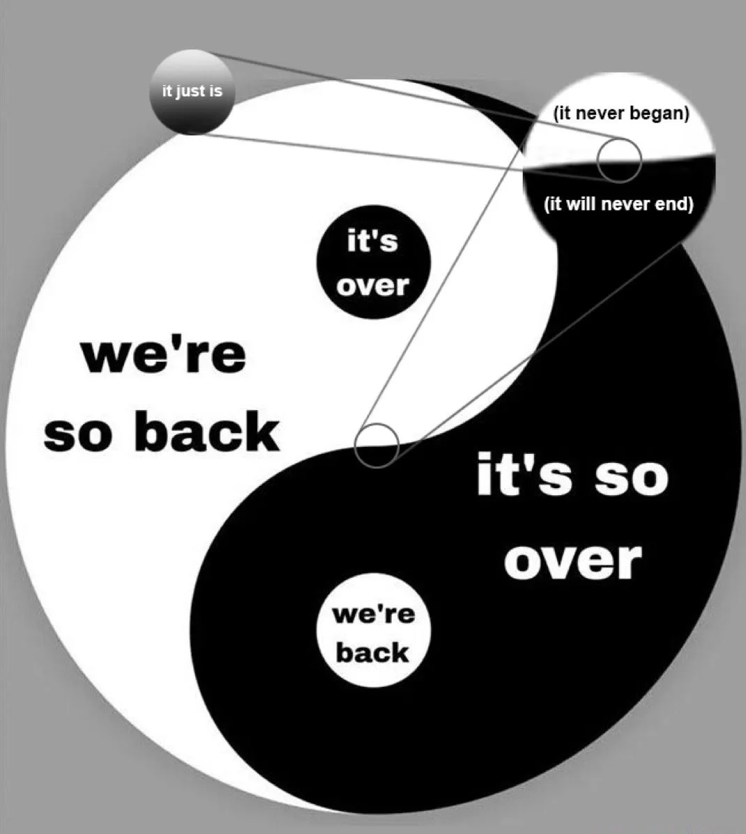 A yin-yang symbol is divided into black and white halves, each containing text. The white half says 'we're so back' and…