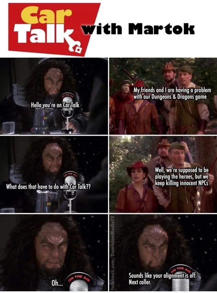A six-panel meme parodying 'Car Talk' with a Dungeons & Dragons player calling in. The caller, dressed as a fantasy…