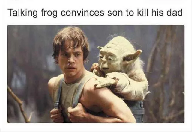 A still from Star Wars shows Luke Skywalker carrying Yoda on his back. The overlaid text reads 'Talking frog convinces son…