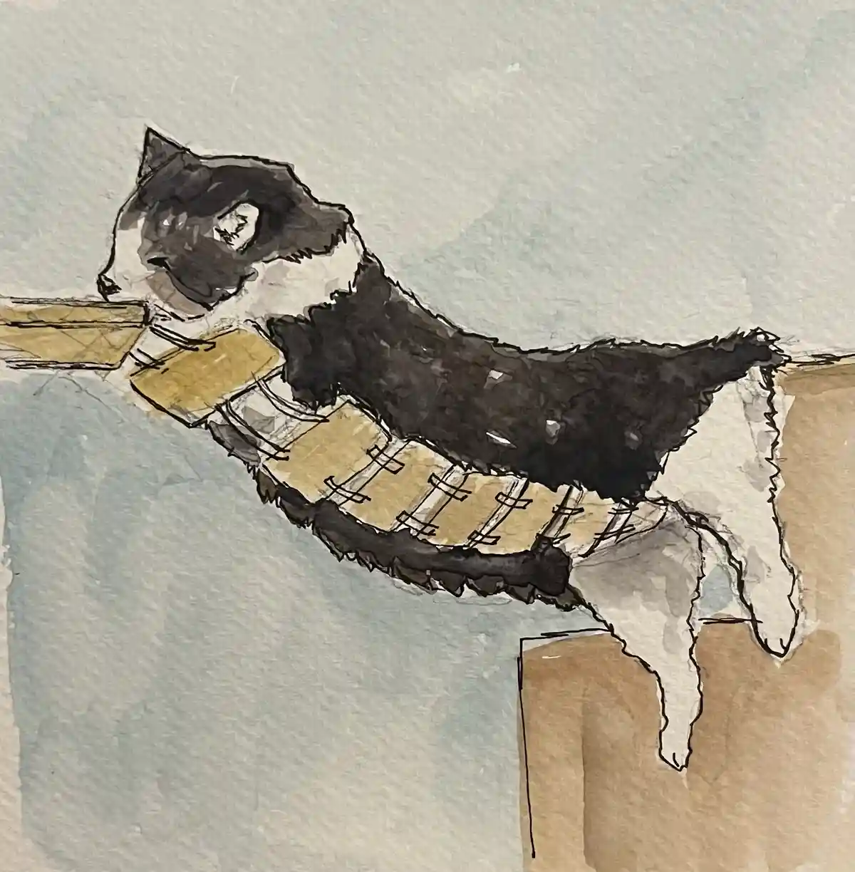 A watercolor-style illustration shows a black-and-white cat stretched out horizontally across a narrow ledge or railing…