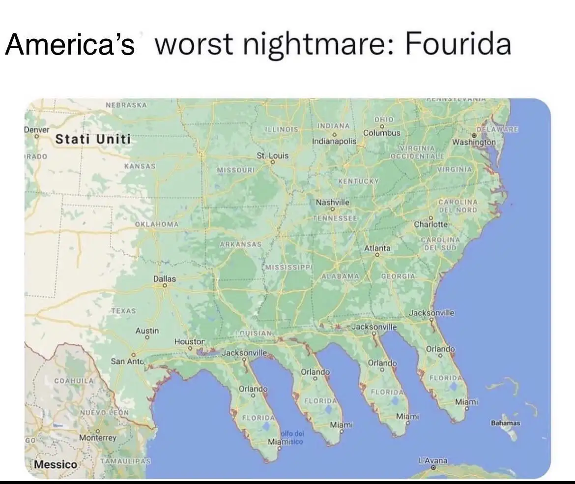 A map of the United States with Florida and surrounding areas labeled in Spanish, including 'Stati Uniti' for the U.S. and…