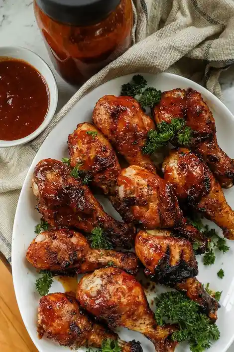 A white platter holds numerous grilled chicken wings glazed with a dark, glossy sauce and garnished with fresh green…