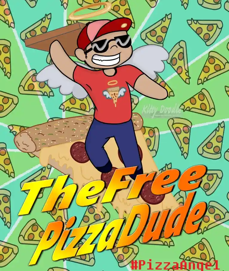 A cartoon man with angel wings, a halo, and sunglasses stands triumphantly on a giant pepperoni pizza while carrying a pizza…
