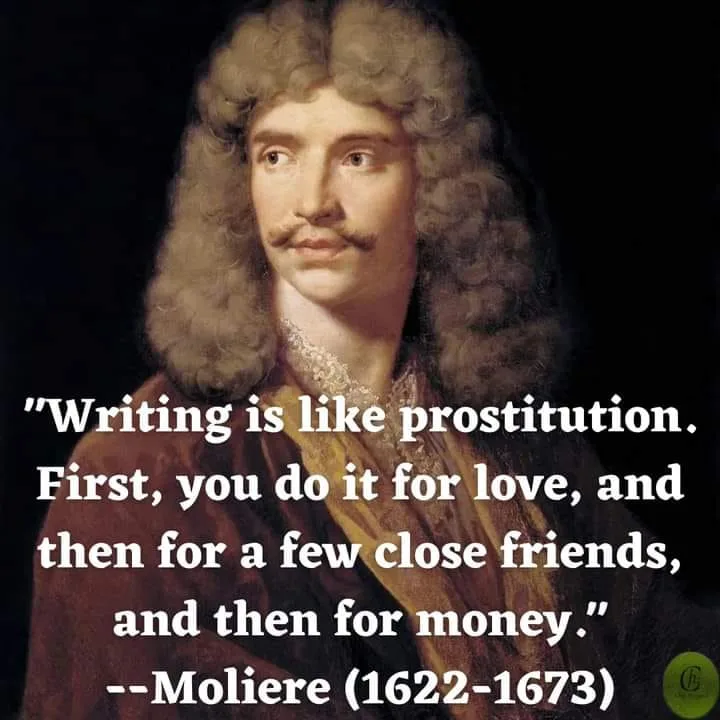 A classical portrait of a man with a mustache and long curly wig, wearing ornate clothing, overlaid with white text quoting…