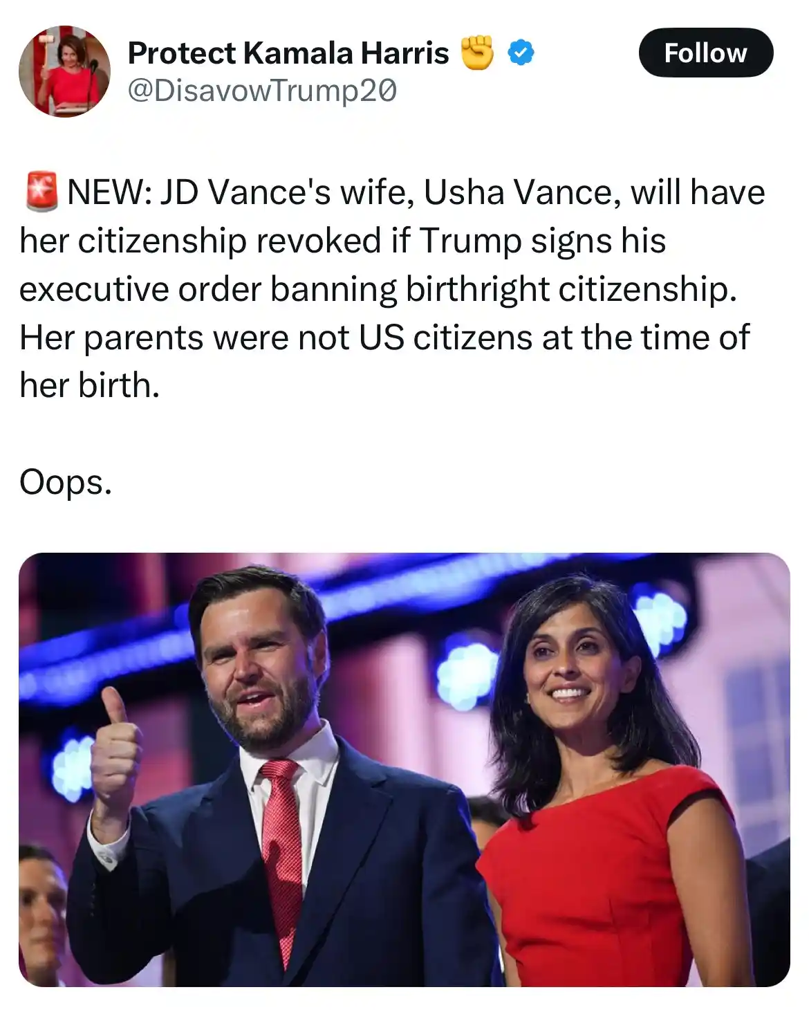 A screenshot of a tweet from 'Protect Kamala Harris' (@DisavowTrump20) shows a photo of JD Vance giving a thumbs-up while…