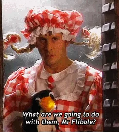 Six identical panels show a man in a red-and-white checkered clown costume with pigtails and a small penguin plushie. He…