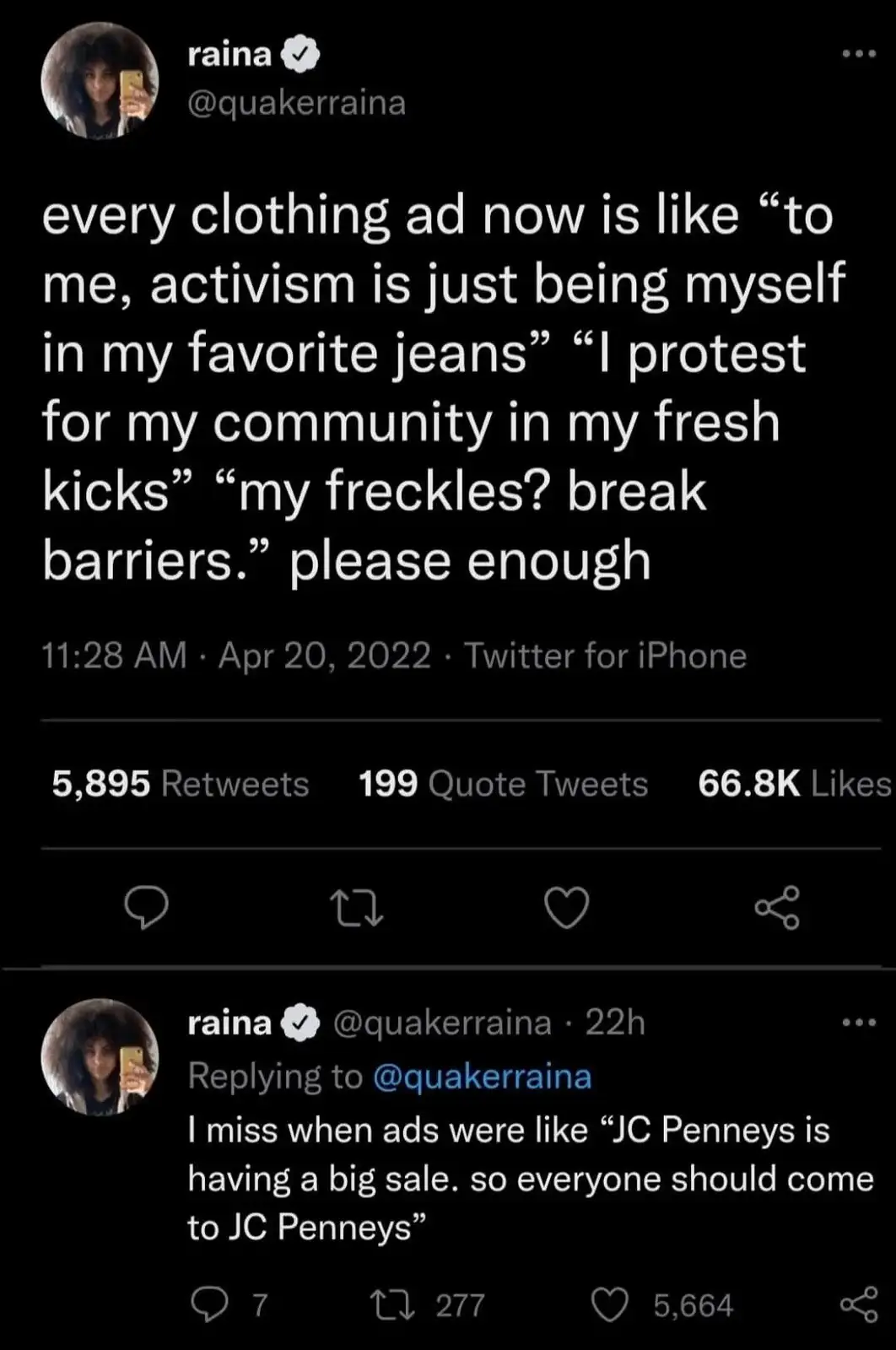 A screenshot of a Twitter thread by user raina (@quakerraina) from April 20, 2022, criticizing modern clothing ads for using…