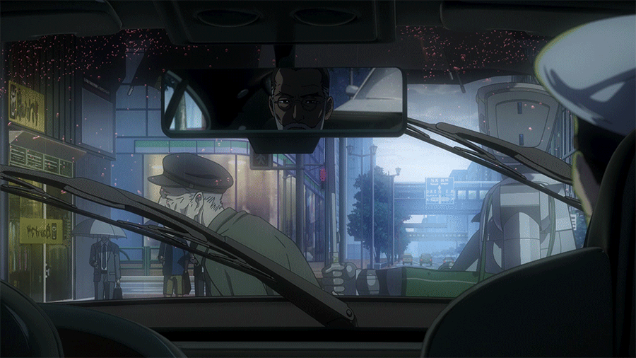 A composite image from the anime 'Ghost in the Shell' showing a man in a car looking at his rearview mirror, with a robot…