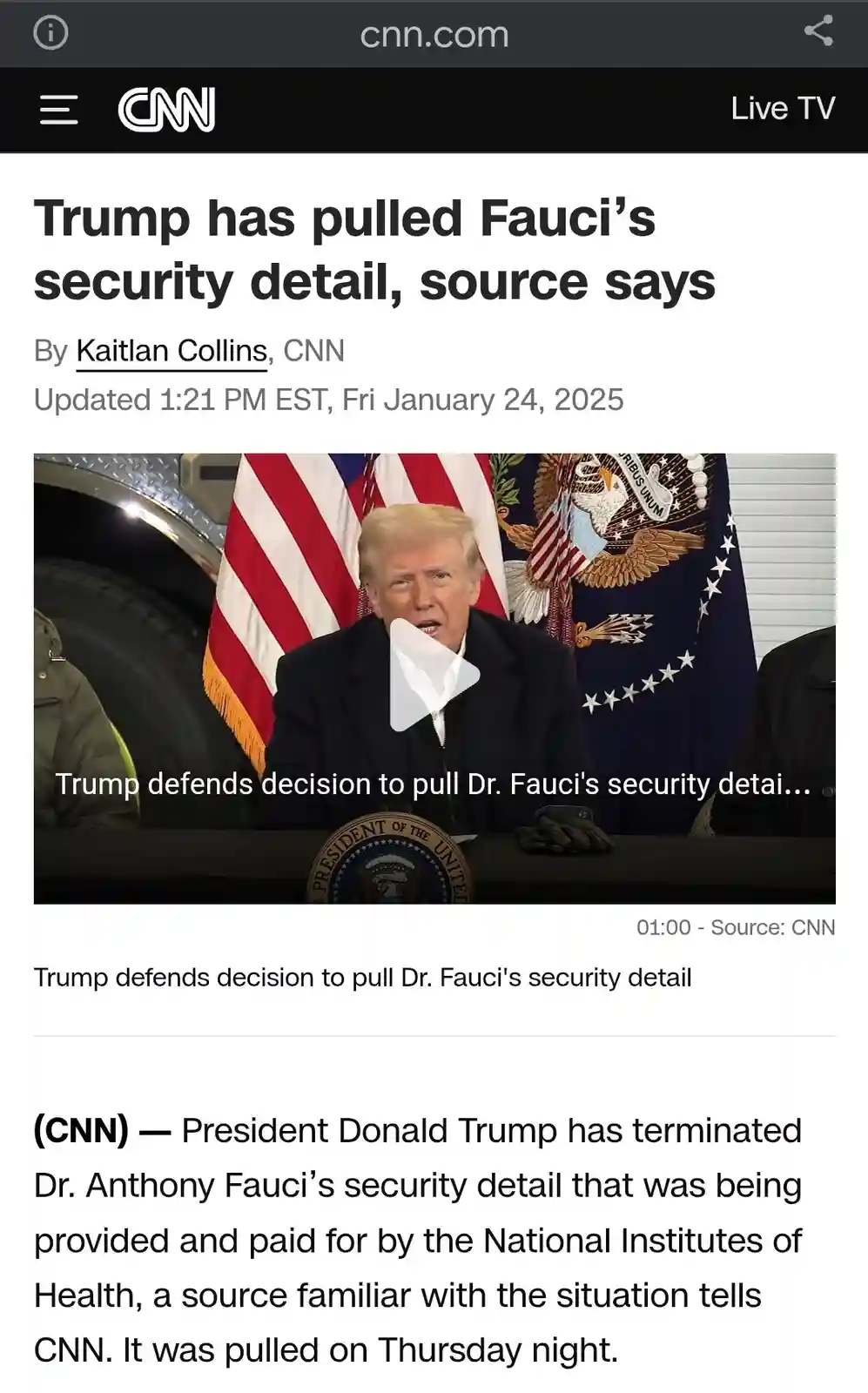 A screenshot of a CNN news article from January 24, 2025, with a headline stating 'Trump has pulled Fauci's security detail…