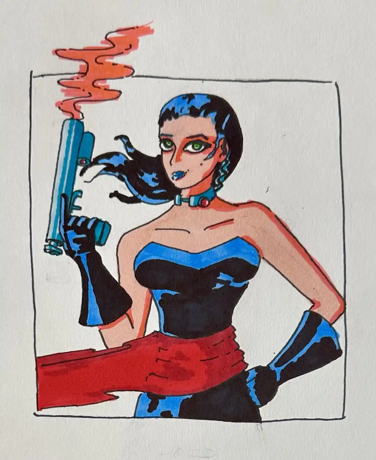 A hand-drawn illustration depicts a stylized woman with short dark hair and green eyes, wearing a blue and black strapless…