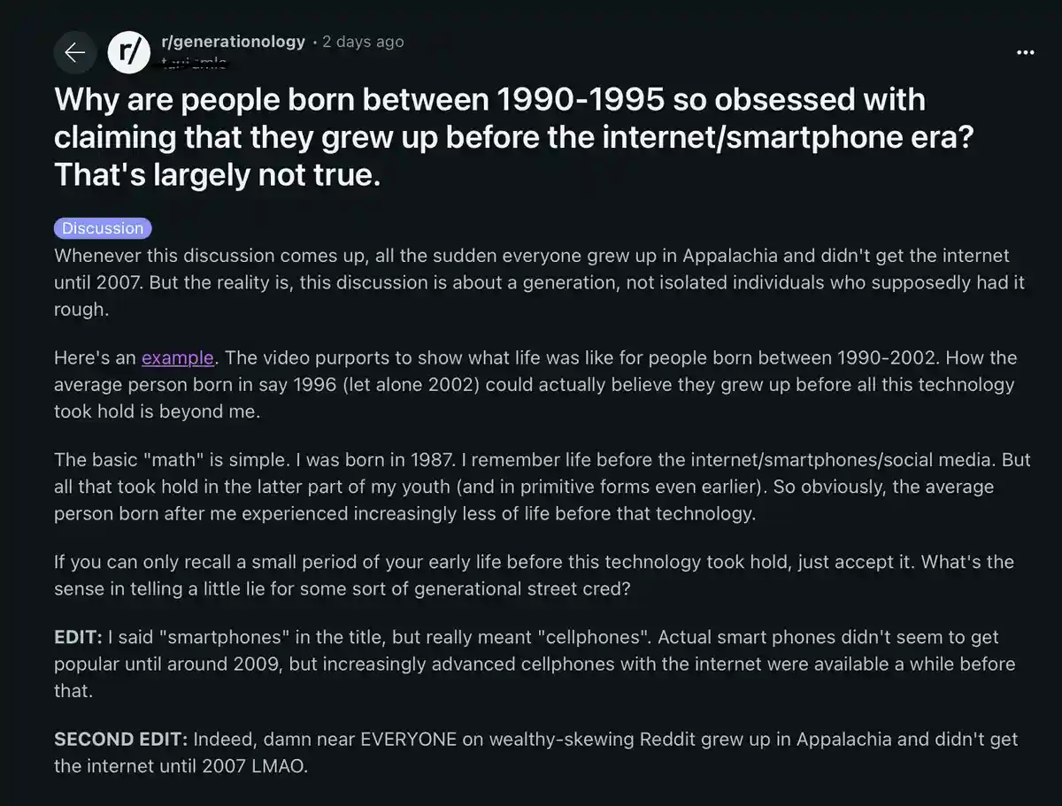 A screenshot of a Reddit post from r/generationology discussing why people born between 1990-1995 claim to have grown up…