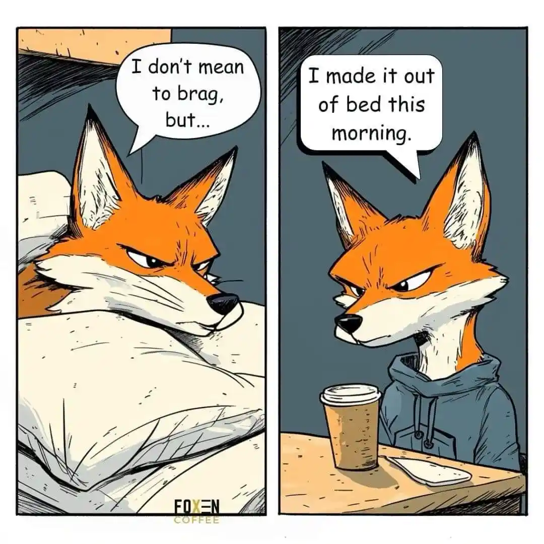 A two-panel comic featuring an anthropomorphic fox. In the first panel, the fox lies in bed with a smug expression, saying…