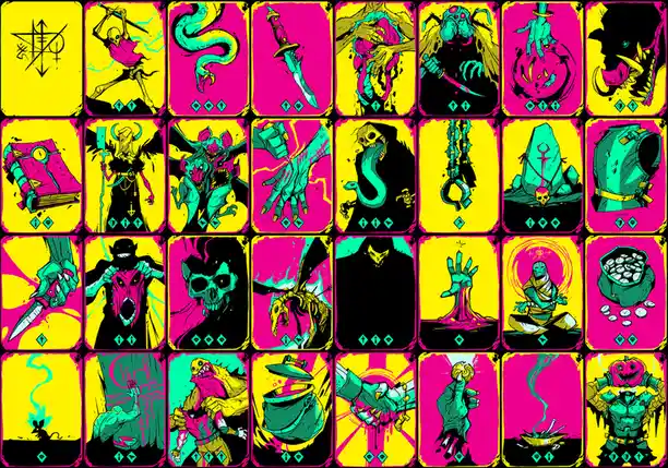 A grid of 20 colorful, stylized cards featuring various fantasy monsters, weapons, and magical items like skeletons, snakes…