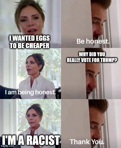 A four-panel meme featuring Victoria Beckham looking increasingly distressed as she answers a question about her vote for…