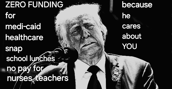 A black-and-white image of Donald Trump looking weary while speaking into a microphone. Text is overlaid in two columns: the…
