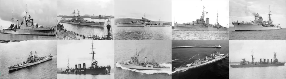 a black-and-white collage of ten historical naval warships, each shown in different poses and settings on the water, with no…