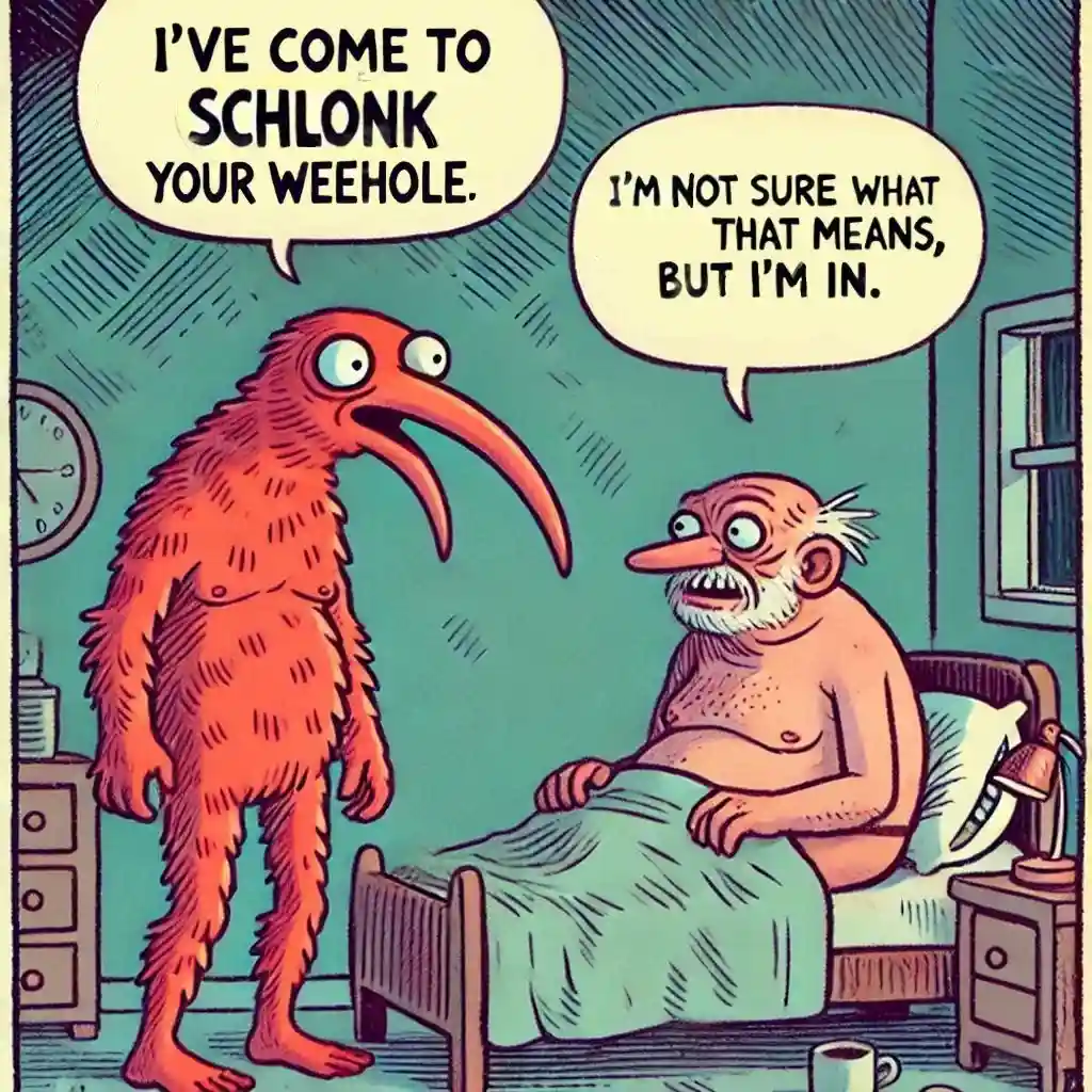 A cartoon depicts a red, furry, bird-like creature with a long beak standing beside a bed where an elderly man sits. The…