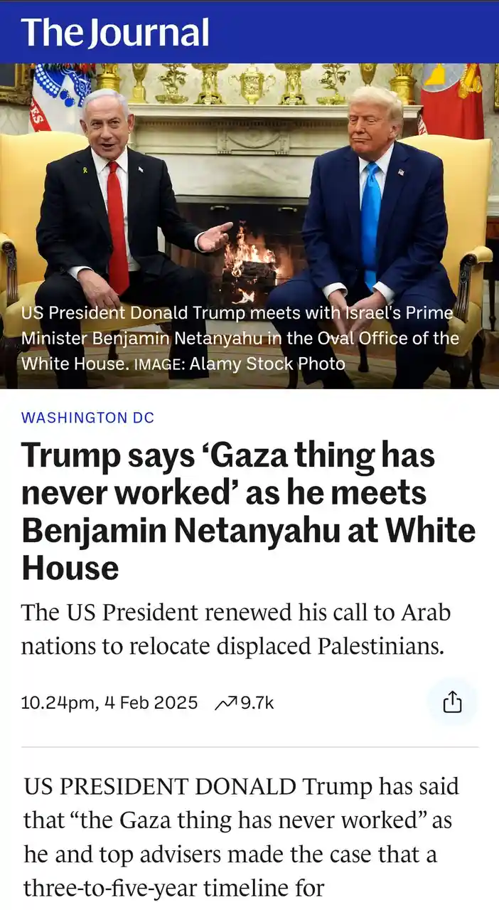 A screenshot of a fake news article from 'The Journal' shows Donald Trump and Benjamin Netanyahu sitting in chairs in front…