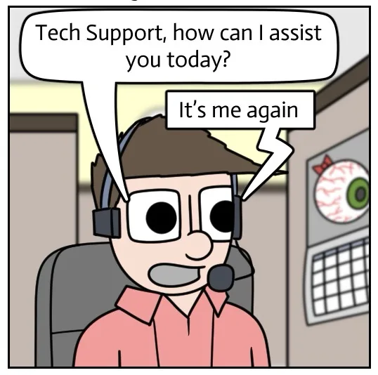 A cartoon tech support agent wearing a headset and pink shirt sits at a desk with a computer monitor showing a cartoon eye…