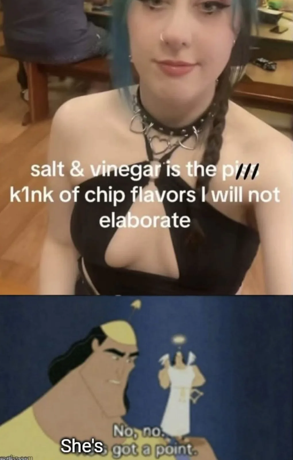 The top panel shows a woman with blue hair and a black top, looking at the camera with a slight smirk. The bottom panel is a…