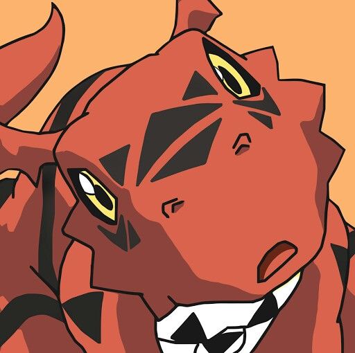 A close-up of a red, horned, cartoonish demon-like creature with yellow eyes and a surprised expression, wearing a white…