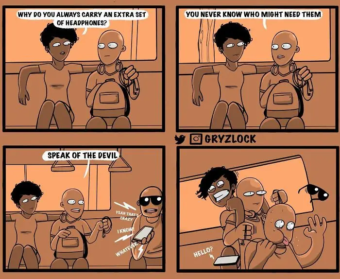 A four-panel comic strip shows two shirtless men on a bus. One asks the other why he carries extra headphones, to which the…