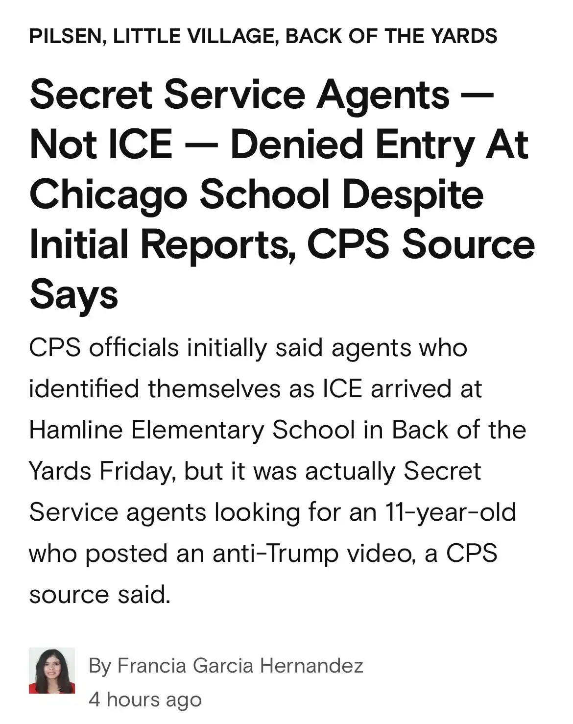 A screenshot of a news article headline stating that Secret Service agents, not ICE, were denied entry at a Chicago school…