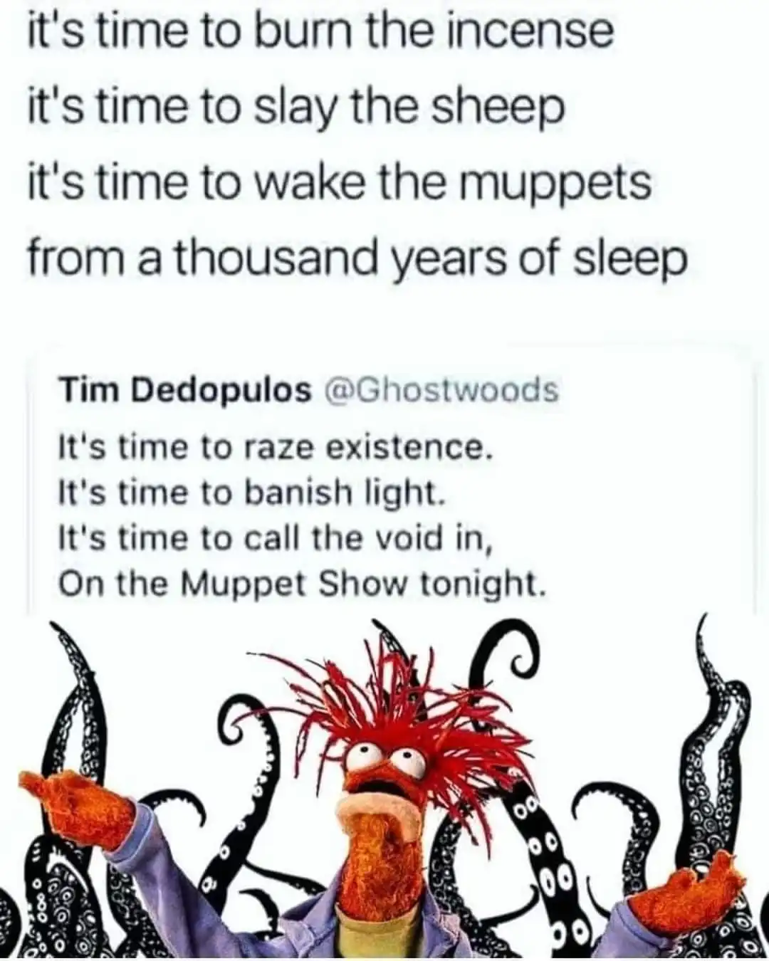 The image shows the Muppet character Animal, with wild red hair and an intense expression, surrounded by black octopus…