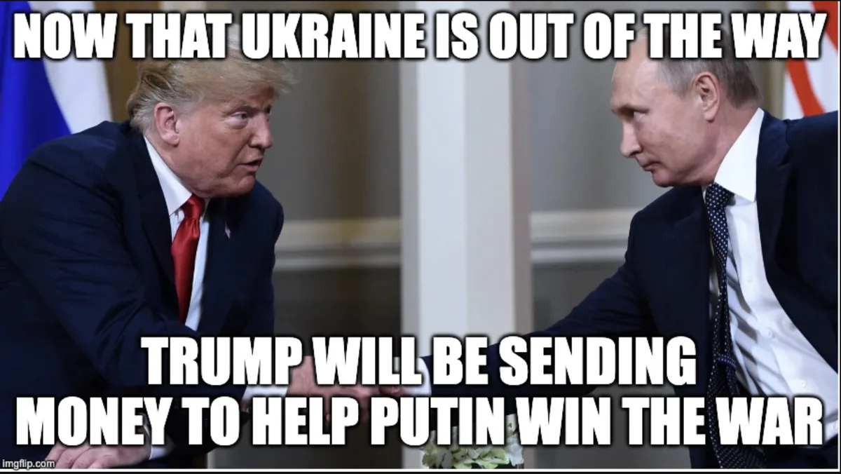 The image shows Donald Trump and Vladimir Putin seated across from each other, appearing to be in a tense conversation…