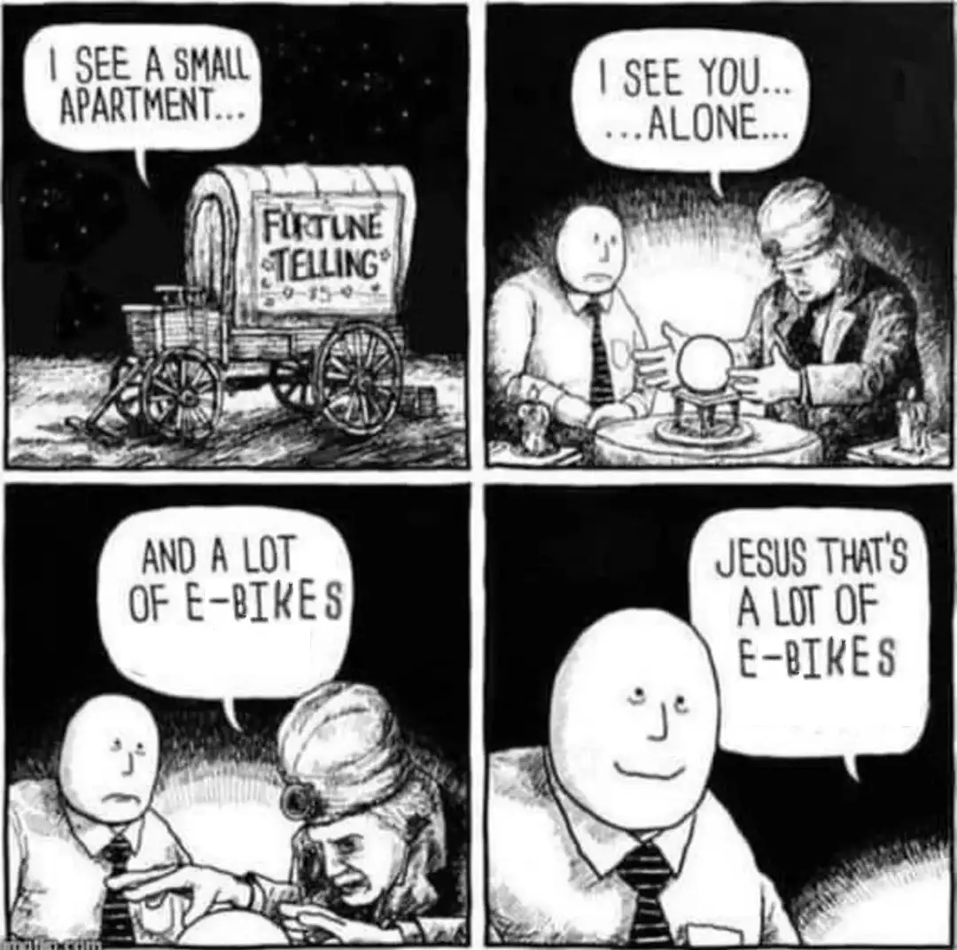 A four-panel black-and-white comic strip shows a fortune teller in a wagon, then reading a crystal ball, revealing a small…