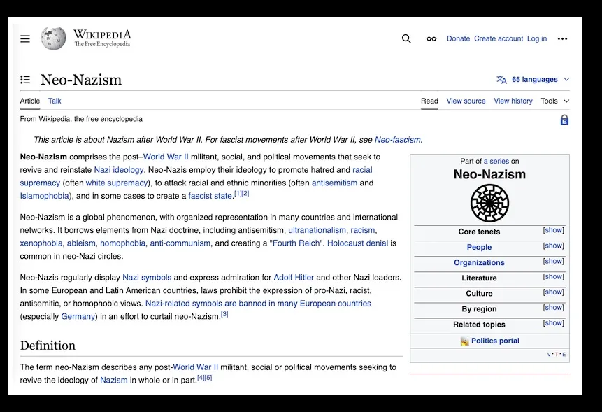 A screenshot of the Wikipedia article for 'Neo-Nazism' shows the top of the page with the title, introductory text defining…