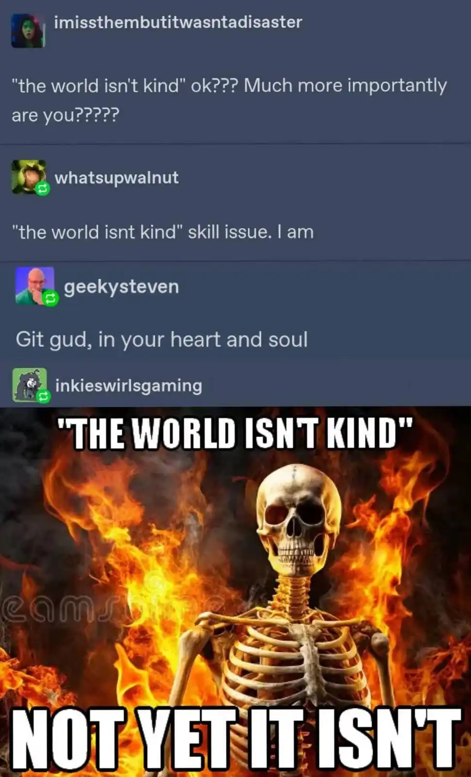 A screenshot of a Discord chat shows users debating the phrase 'the world isn't kind,' with replies like 'skill issue' and…