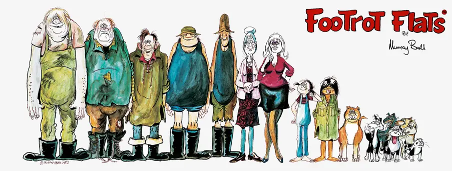 A colorful cartoon lineup of diverse, exaggerated human characters and several dogs, all standing side-by-side in a row. The…