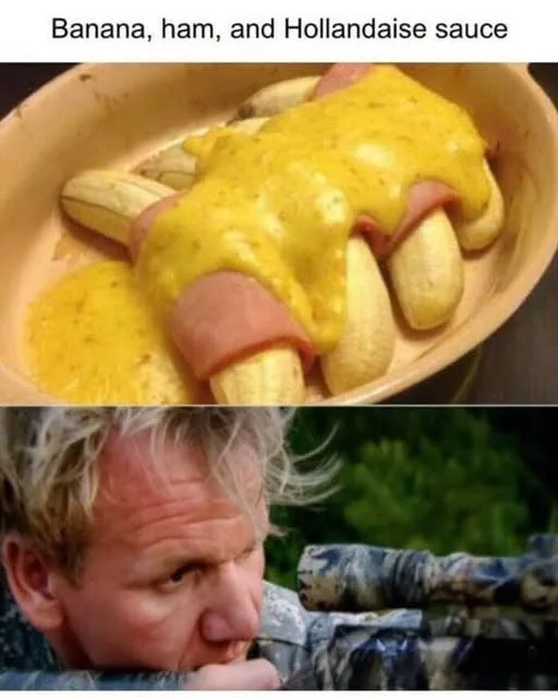 The top panel shows a dish with sliced bananas wrapped in ham and covered in hollandaise sauce in a beige dish. The bottom…
