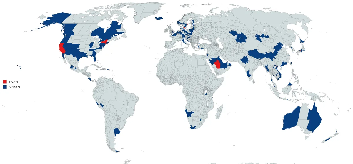 A world map shows countries colored red for 'Lived' and blue for 'Visited'. California and New York are red, while most…