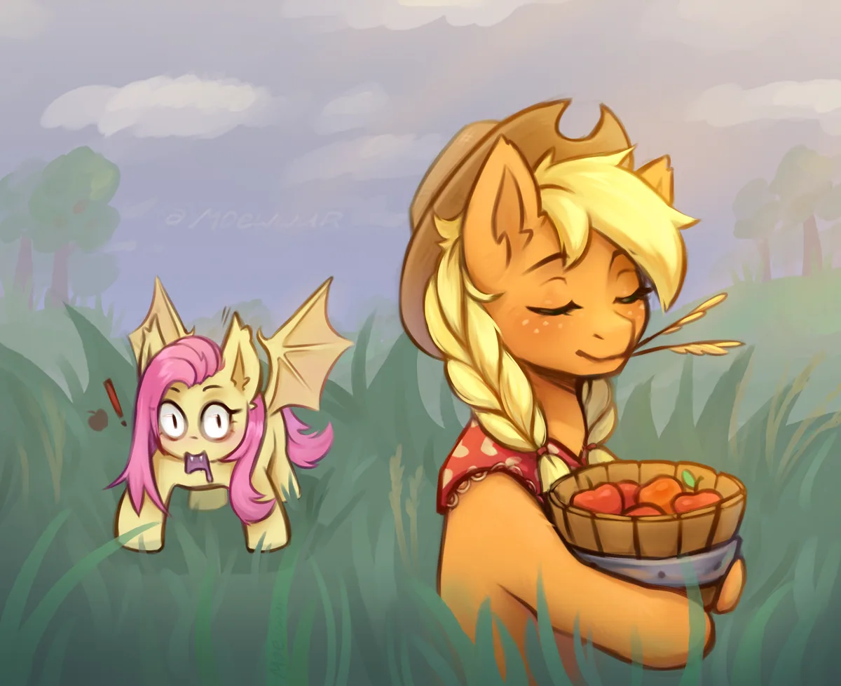A cartoon pony with blonde hair and a hat, holding a basket of apples and smiling contentedly while chewing on a stalk of…
