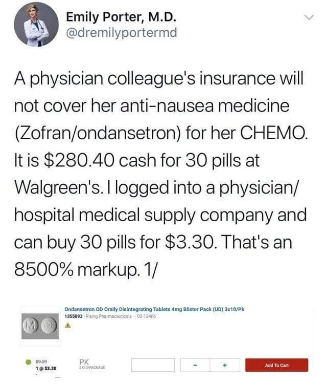 A screenshot of a tweet by Dr. Emily Porter, M.D., detailing how her colleague's insurance won't cover chemotherapy…