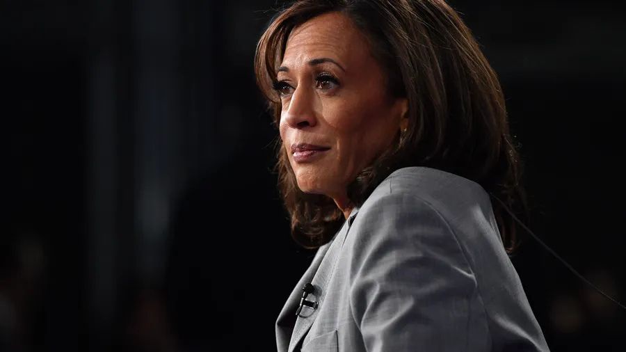 a close-up profile shot of Kamala Harris looking slightly downward with a thoughtful or uncertain expression, wearing a gray…