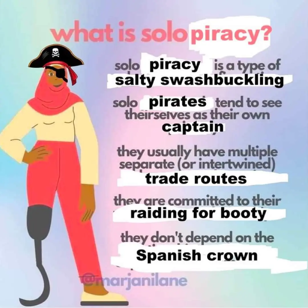 An illustrated pirate with a hook leg, eye patch, and skull-and-crossbones hat stands beside text defining 'solo piracy' as…