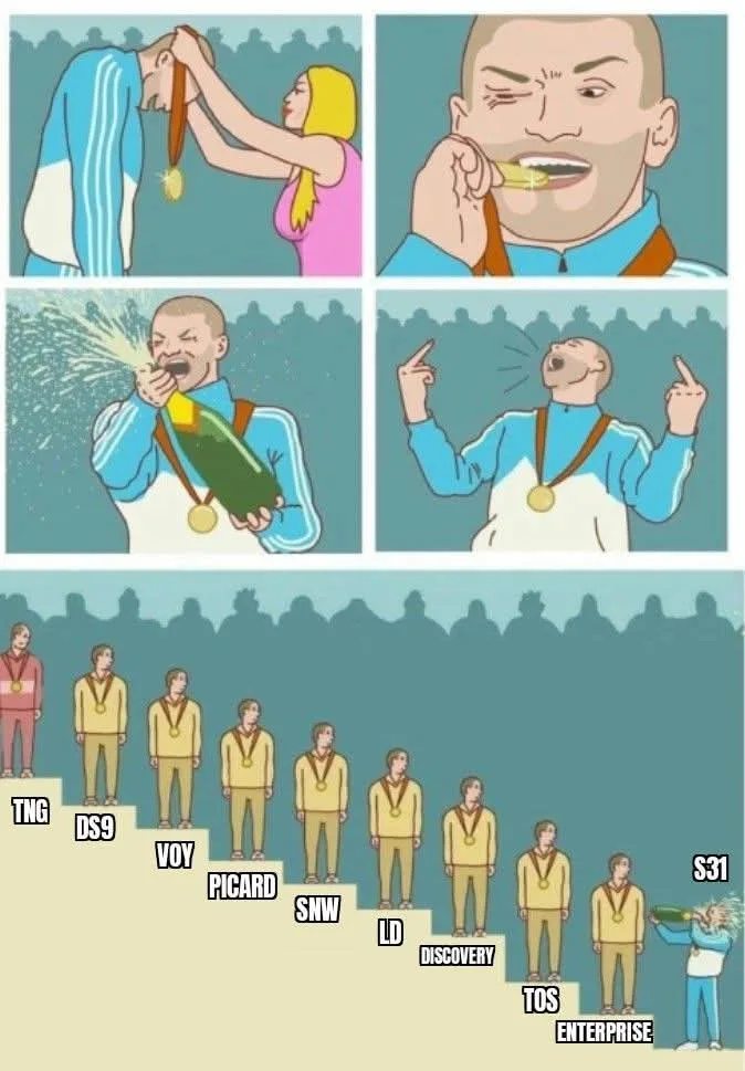 A four-panel comic strip shows a man receiving a gold medal, biting it, popping a champagne bottle, and celebrating. Below…